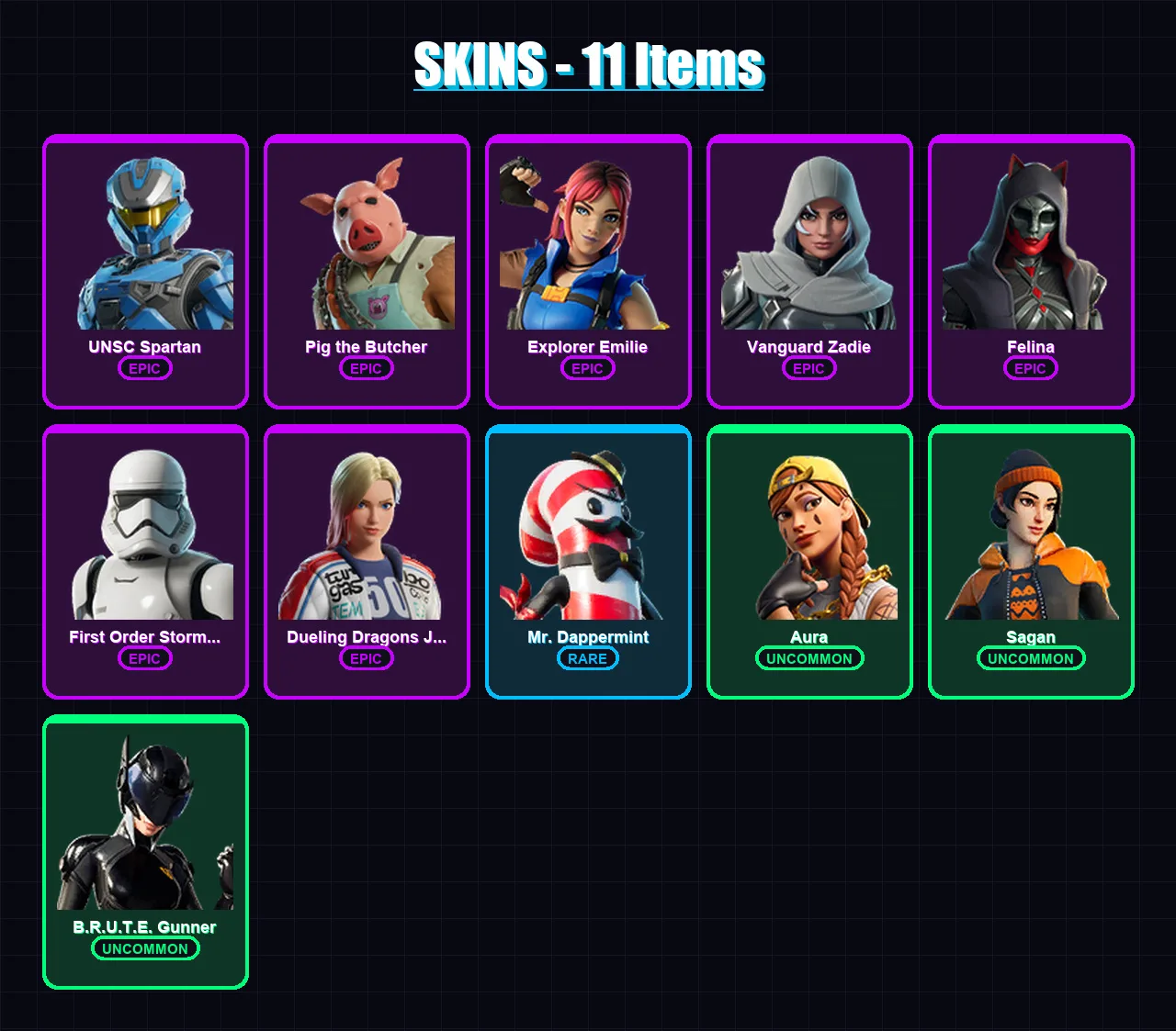 [PC/XBOX/PSN] | UNSC Spartan | Pig the Butcher | Explorer Emilie | Vanguard Zadie | Felina | 11 skin | 66 pickaxe | 31 emote | 54 glider | Lv1155