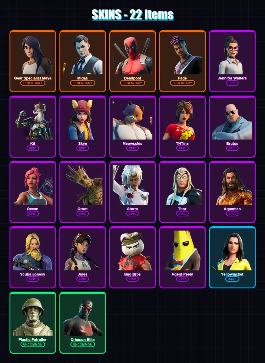 [PC/XBOX/PSN] | Gear Specialist Maya | Midas | Deadpool | Fade | Jennifer Walters | 22 skin | 22 pickaxe | 21 emote | 26 glider | Lv320