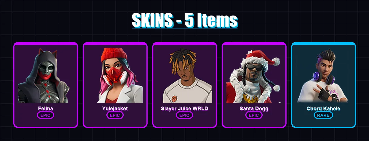 [PC/PSN] | Felina | Yulejacket | Slayer Juice WRLD | Santa Dogg | Chord Kahele | 5 skin | 43 pickaxe | 17 emote | 32 glider | Lv581