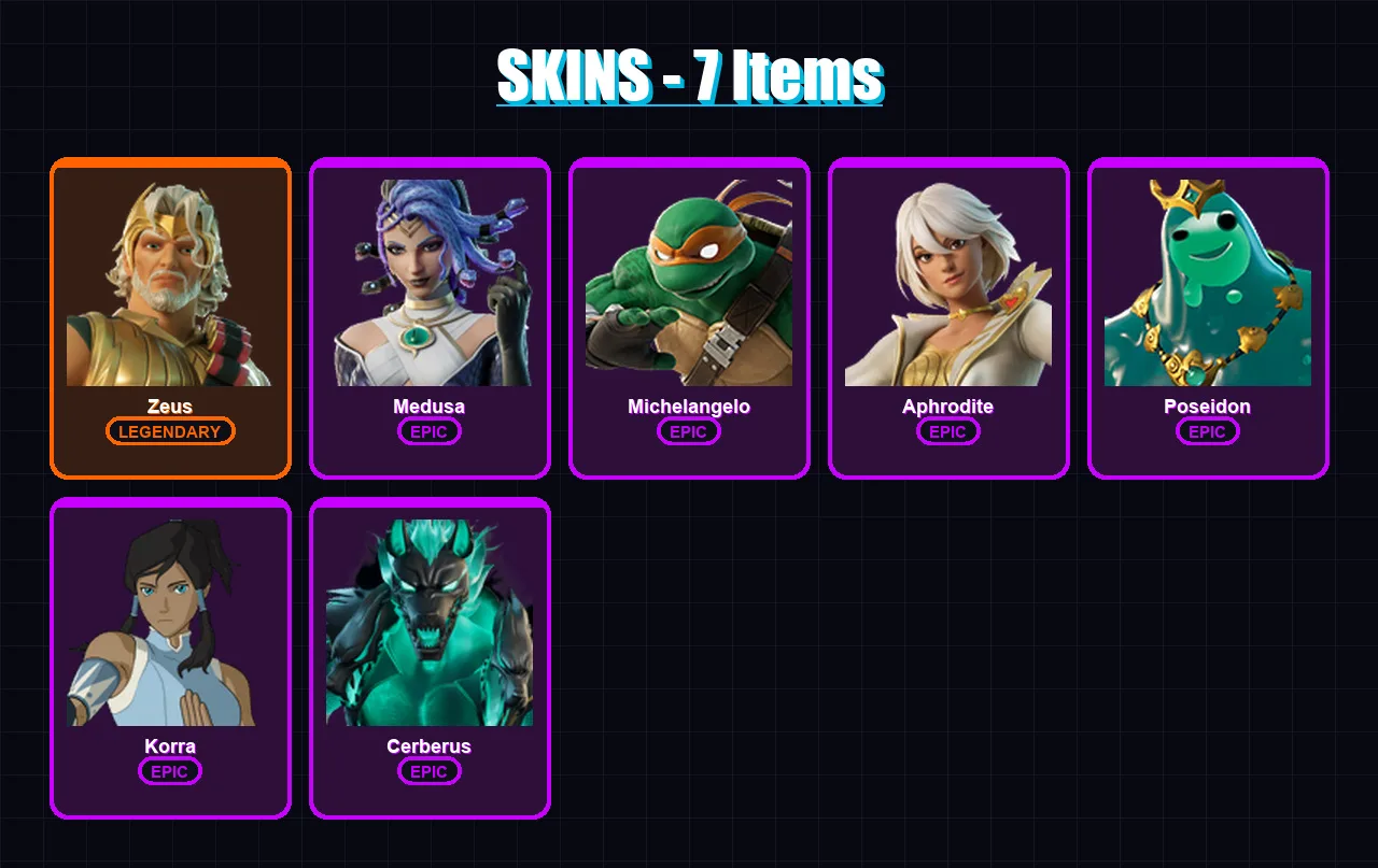 [PC/XBOX/PSN] | Zeus | Medusa | Michelangelo | Aphrodite | Poseidon | 7 skin | 15 pickaxe | 11 emote | 14 glider | Lv133
