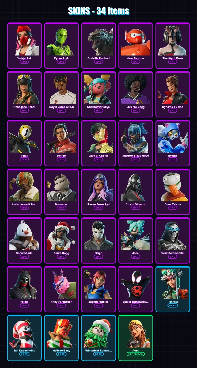 [PC/XBOX/PSN] | Yulejacket | Kyran Aryk | Godzilla Evolved | Hero Baymax | The Night Rose | 34 skin | 84 pickaxe | 48 emote | 53 glider | Lv1261