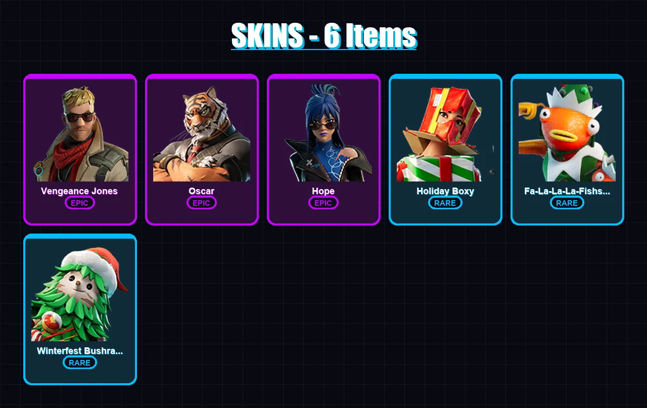 [PS4/PS5/XBOX/PC] | Vengeance Jones | Oscar | Hope | Holiday Boxy | Fa-La-La-La-Fishstick | 6 skin | 6 pickaxe | 10 emote | 7 glider | Lv44