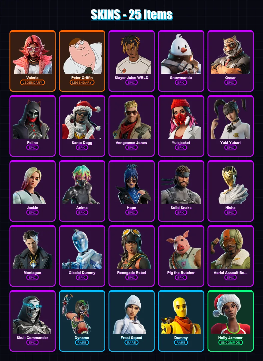 [PC/PSN] | Valeria | Peter Griffin | Slayer Juice WRLD | Snowmando | Oscar | 25 skin | 71 pickaxe | 40 emote | 45 glider | Lv728 — Fortnite account