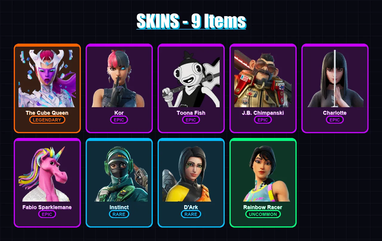 [PC/PSN] | The Cube Queen | Kor | Toona Fish | J.B. Chimpanski | Charlotte | 9 skin | 9 pickaxe | 5 emote | 9 glider | Lv79