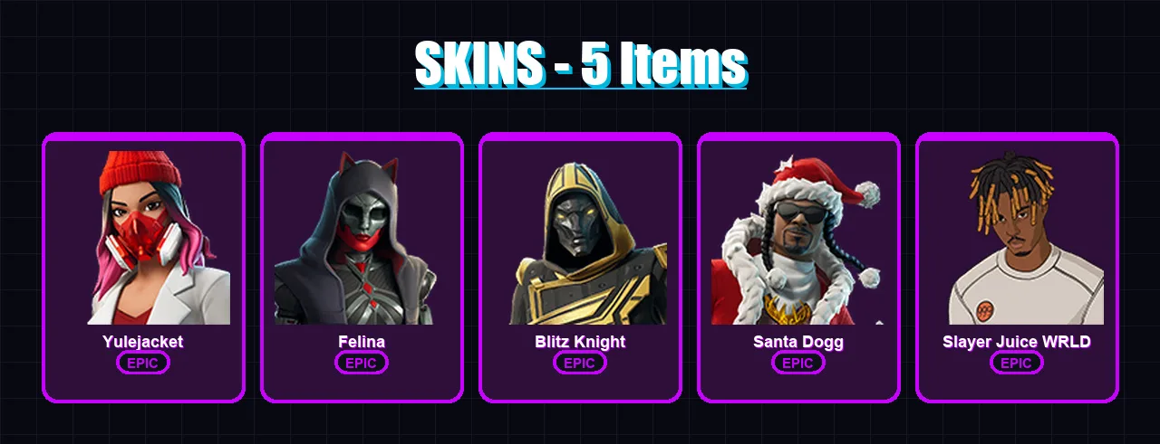 [PC/XBOX/PSN] | Yulejacket | Felina | Blitz Knight | Santa Dogg | Slayer Juice WRLD | 5 skin | 42 pickaxe | 15 emote | 18 glider | Lv593