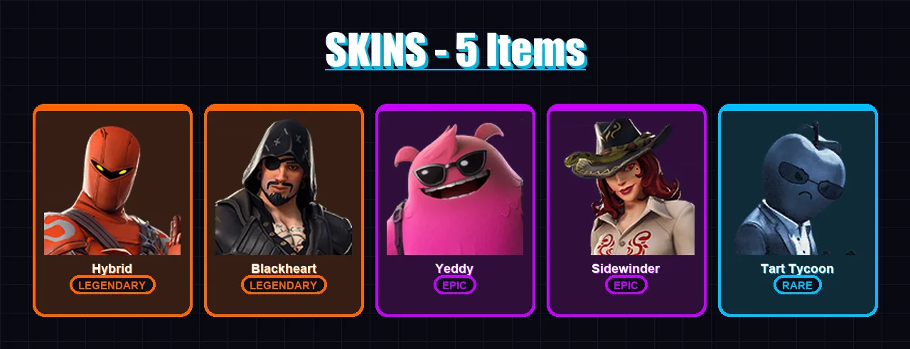 [PC/XBOX/PSN] | Hybrid | Blackheart | Yeddy | Sidewinder | Tart Tycoon | 5 skin | 11 pickaxe | 9 emote | 11 glider | Lv239