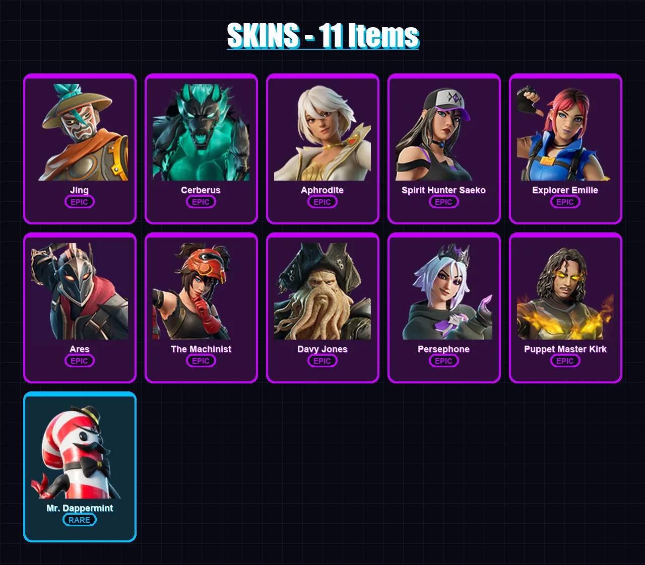 [PC/PSN] | Jing | Cerberus | Aphrodite | Spirit Hunter Saeko | Explorer Emilie | 11 skin | 12 pickaxe | 6 emote | 6 glider | Lv68