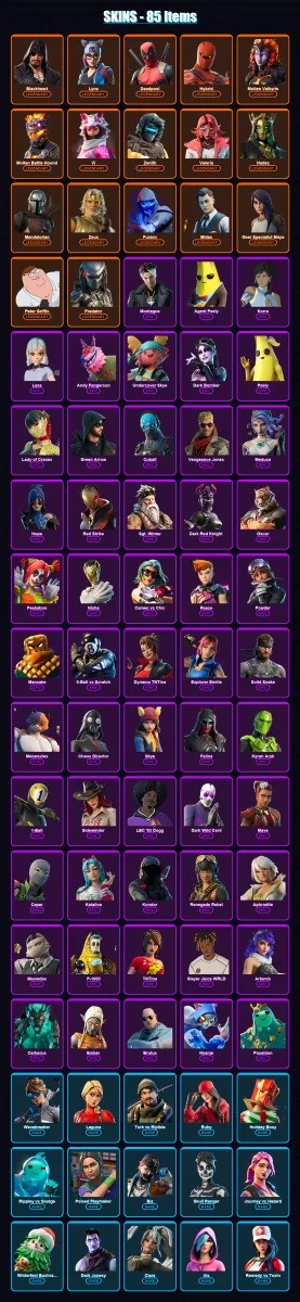 [PC/XBOX/PSN] | Blackheart | Lynx | Deadpool | Hybrid | Molten Valkyrie | 85 skin | 94 pickaxe | 80 emote | 69 glider | Lv1145