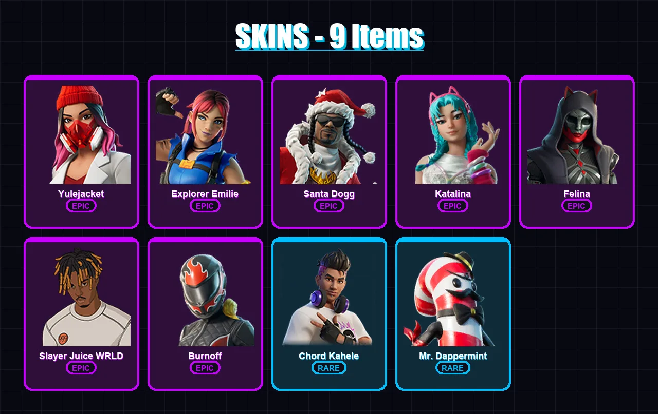 [PC/XBOX/PSN] | Yulejacket | Explorer Emilie | Santa Dogg | Katalina | Felina | 9 skin | 25 pickaxe | 10 emote | 16 glider | Lv183