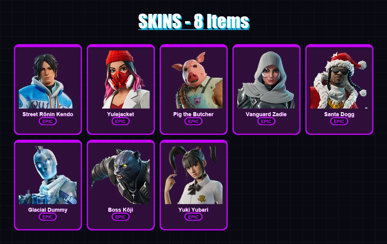 [PC/XBOX/PSN] | Street Rōnin Kendo | Yulejacket | Pig the Butcher | Vanguard Zadie | Santa Dogg | 8 skin | 52 pickaxe | 26 emote | 31 glider | Lv440