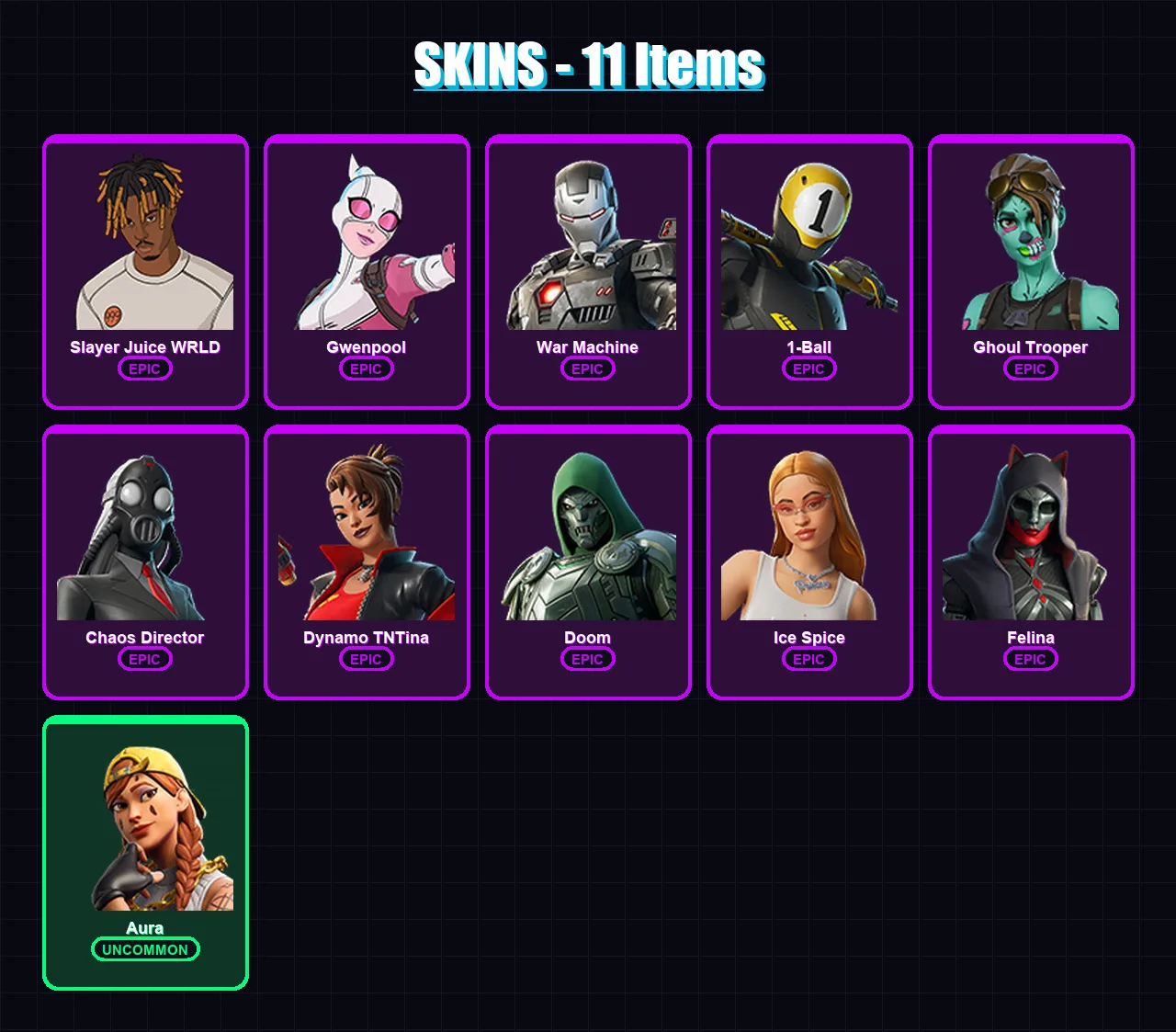 [PC/XBOX/PSN] | Slayer Juice WRLD | Gwenpool | War Machine | 1-Ball | Ghoul Trooper | 11 skin | 14 pickaxe | 12 emote | 11 glider | Lv57