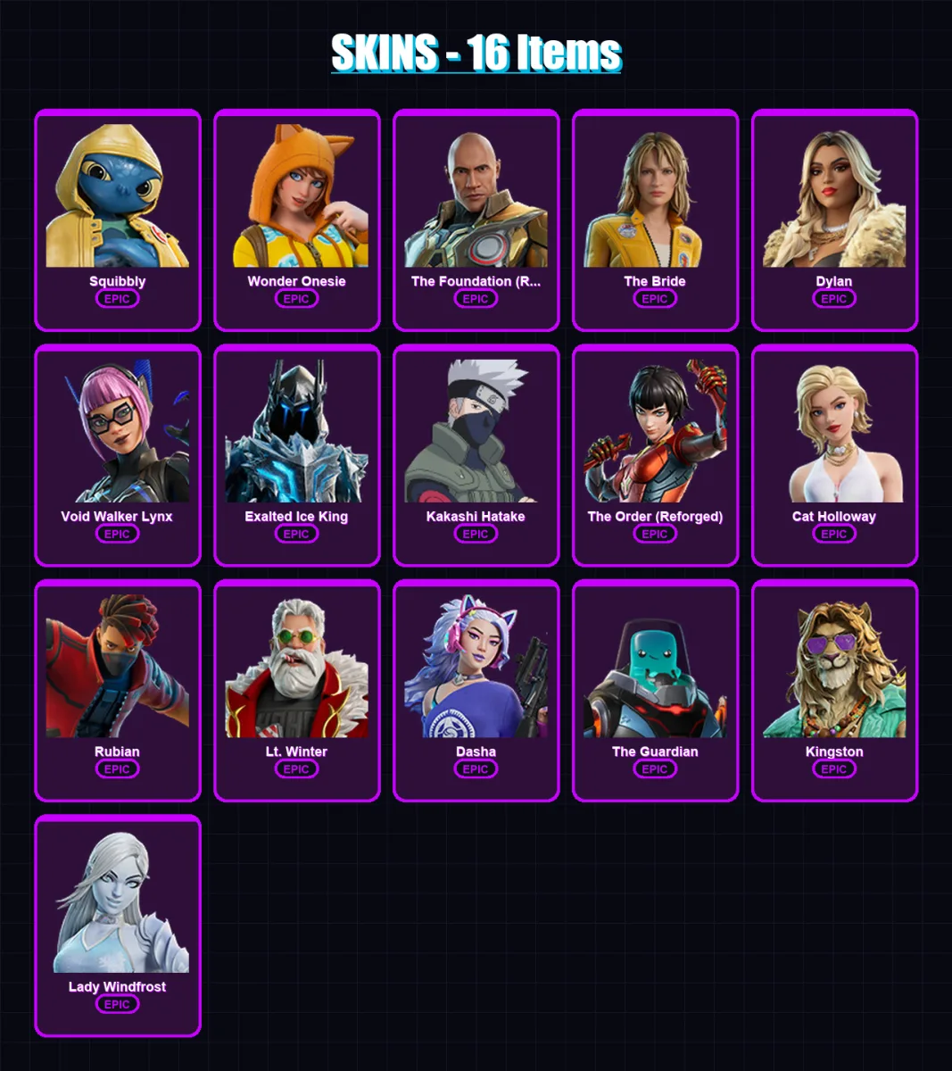 [PC/XBOX/PSN] | Squibbly | Wonder Onesie | The Foundation (Reforged) | The Bride | Dylan | 16 skin | 21 pickaxe | 17 emote | 19 glider | Lv112