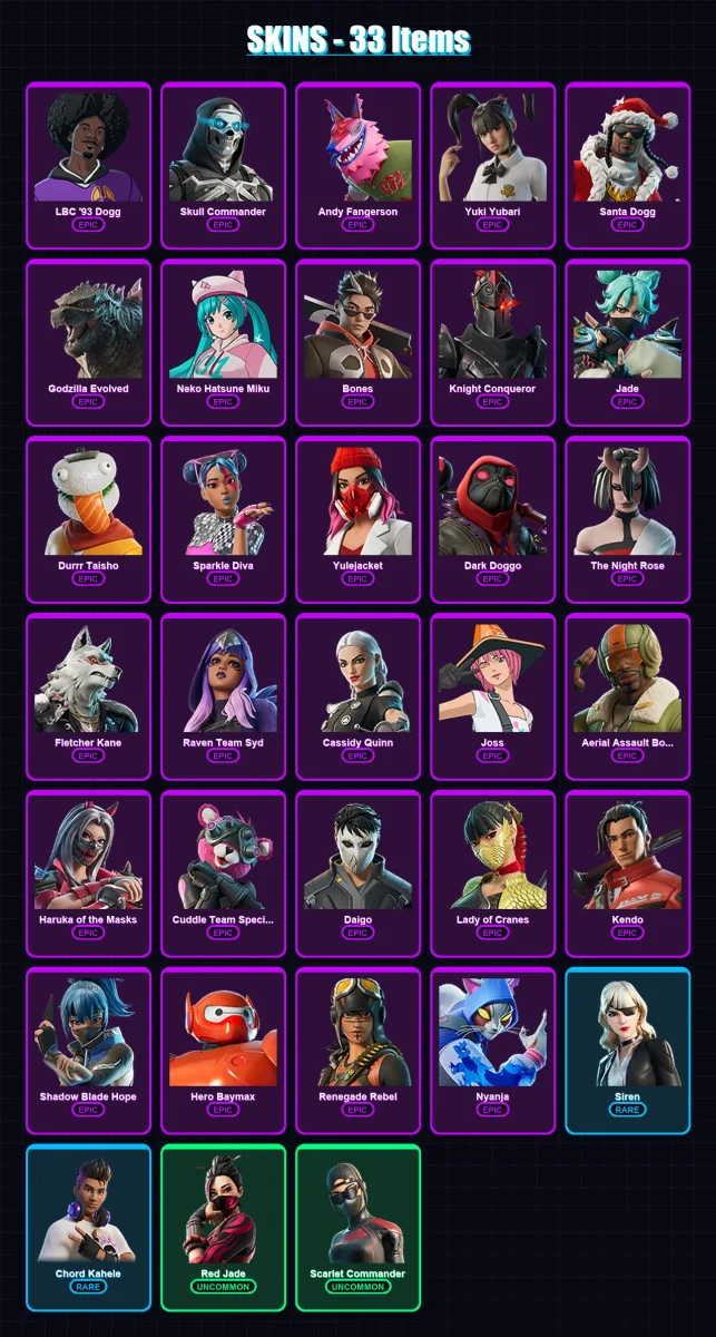 [PC/XBOX/PSN] | LBC '93 Dogg | Skull Commander | Andy Fangerson | Yuki Yubari | Santa Dogg | 33 skin | 57 pickaxe | 38 emote | 34 glider | Lv441