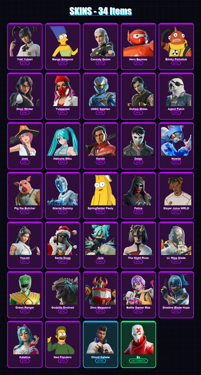 [PC/XBOX] | Yuki Yubari | Marge Simpson | Cassidy Quinn | Hero Baymax | Blinky Fishstick | 34 skin | 90 pickaxe | 45 emote | 63 glider | Lv942