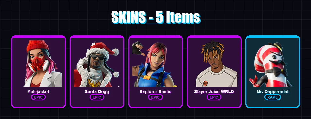[PC/XBOX/PSN] | Yulejacket | Santa Dogg | Explorer Emilie | Slayer Juice WRLD | Mr. Dappermint | 5 skin | 25 pickaxe | 8 emote | 13 glider | Lv142