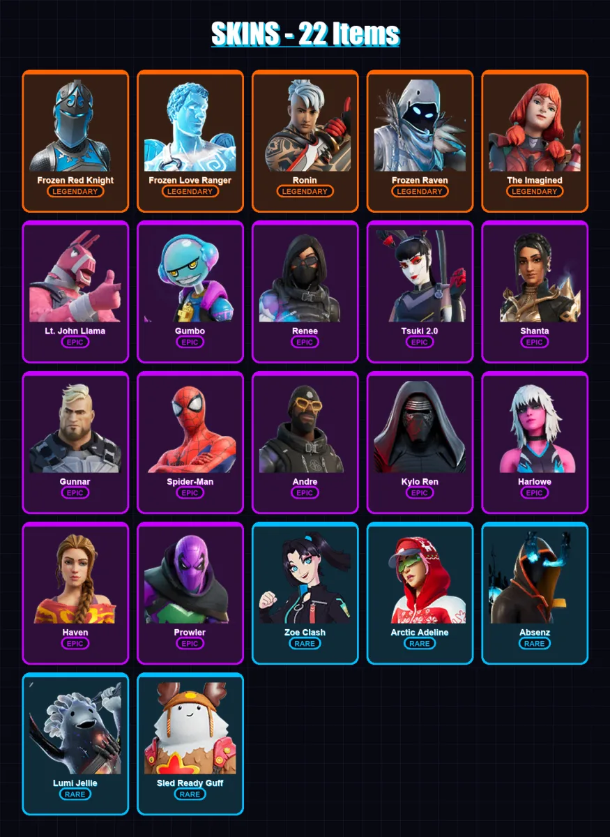 [PC/PSN] | Frozen Red Knight | Frozen Love Ranger | Ronin | Frozen Raven | The Imagined | 22 skin | 28 pickaxe | 27 emote | 29 glider | Lv391