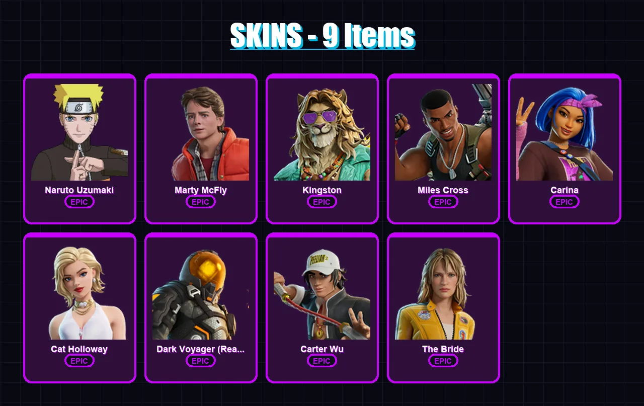 [PC/XBOX/PSN] | Naruto Uzumaki | Marty McFly | Kingston | Miles Cross | Carina | 9 skin | 21 pickaxe | 19 emote | 20 glider | Lv259