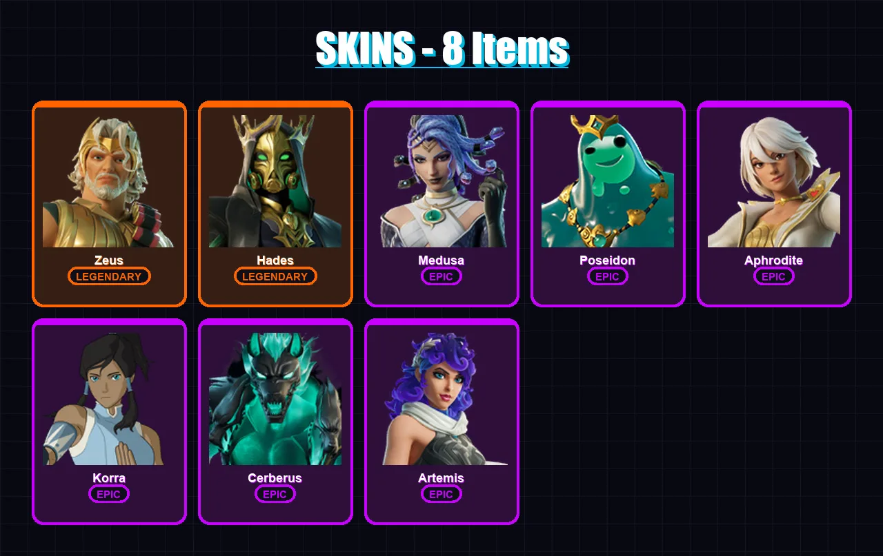 [PS4/PS5/XBOX/PC] | Zeus | Hades | Medusa | Poseidon | Aphrodite | 8 skin | 16 pickaxe | 13 emote | 13 glider | Lv154