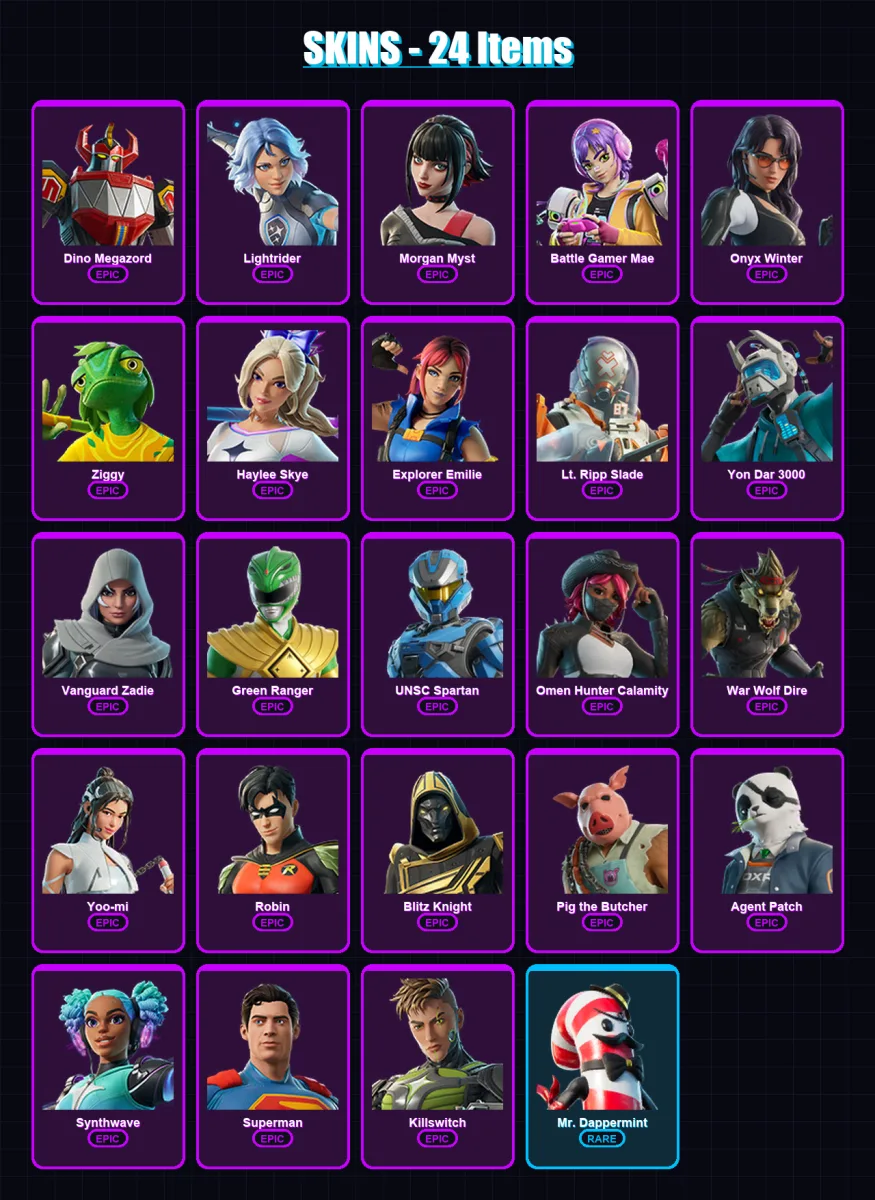 [PC/XBOX] | Dino Megazord | Lightrider | Morgan Myst | Battle Gamer Mae | Onyx Winter | 24 skin | 54 pickaxe | 32 emote | 38 glider | Lv483