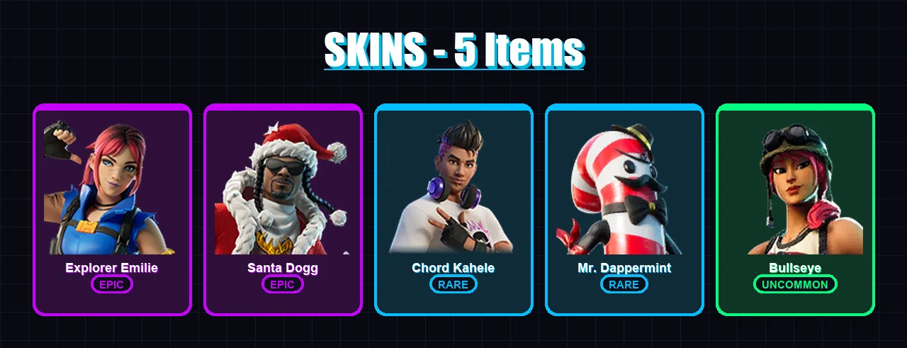[PC/PSN] | Explorer Emilie | Santa Dogg | Chord Kahele | Mr. Dappermint | Bullseye | 5 skin | 9 pickaxe | 7 emote | 12 glider | Lv190