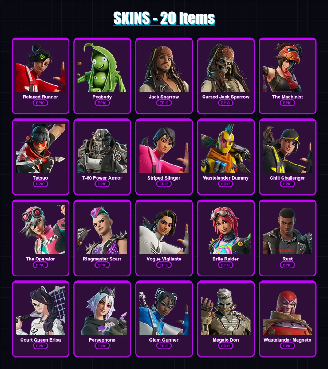 [PC/XBOX/PSN] | Relaxed Runner | Peabody | Jack Sparrow | Cursed Jack Sparrow | The Machinist | 20 skin | 18 pickaxe | 16 emote | 12 glider | Lv259 — Fortnite account