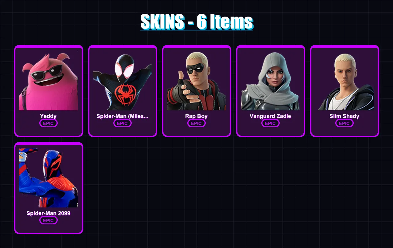 [PC/XBOX] | Yeddy | Spider-Man (Miles Morales) | Rap Boy | Vanguard Zadie | Slim Shady | 6 skin | 50 pickaxe | 21 emote | 31 glider | Lv422