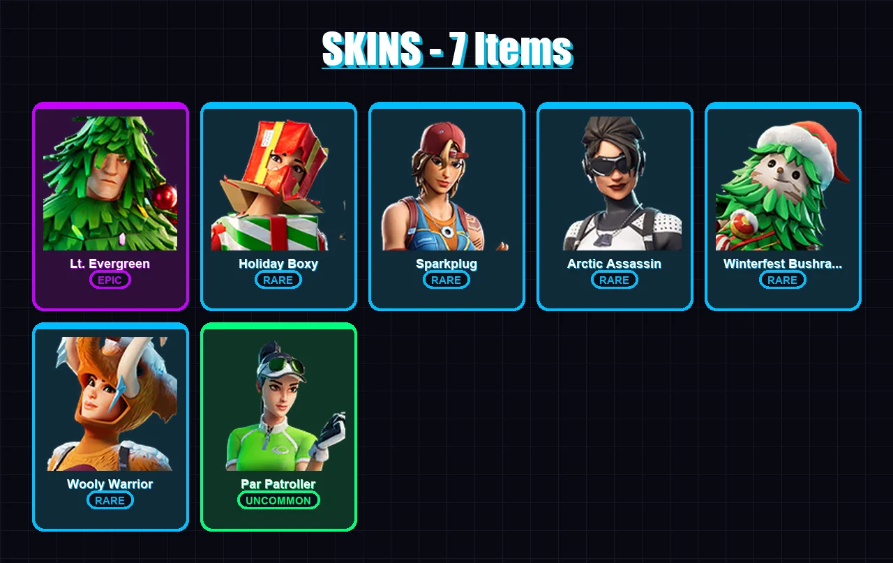 [PC/XBOX/PSN] | Lt. Evergreen | Holiday Boxy | Sparkplug | 7 skin | Lv179