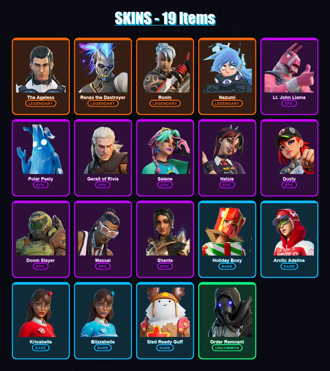 [PC/XBOX/PSN] | The Ageless | Renzo the Destroyer | Ronin | Nezumi | Lt. John Llama | 19 skin | 22 pickaxe | 19 emote | 19 glider | Lv192