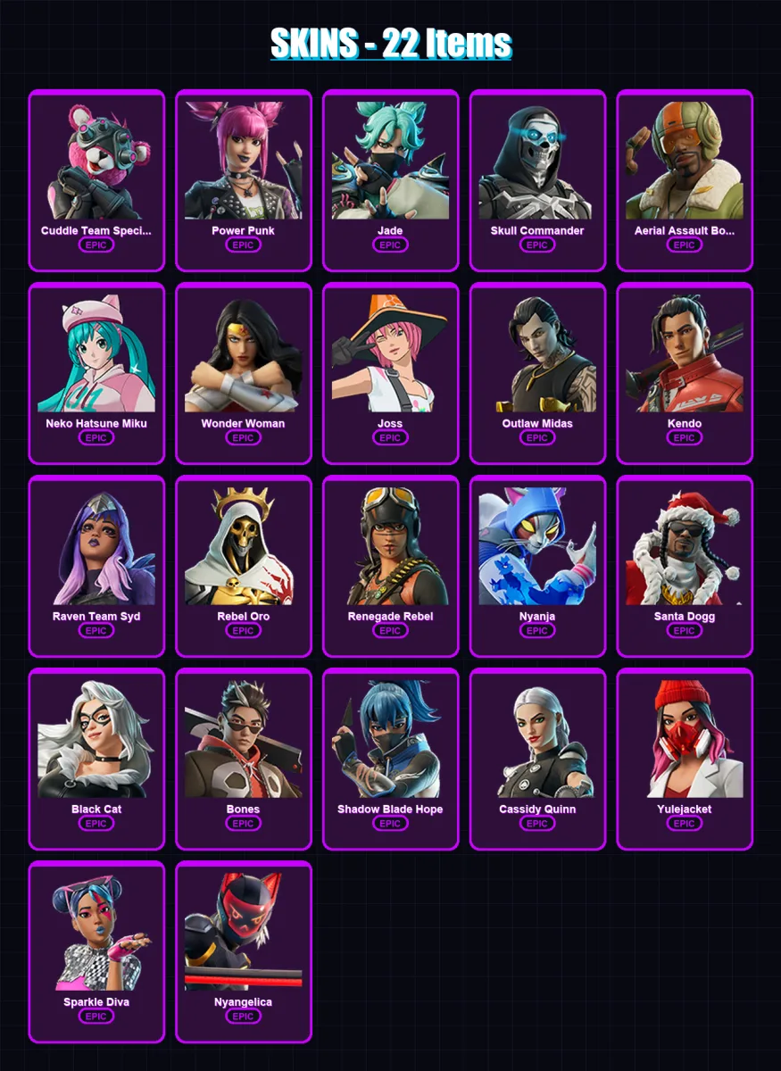 [PC] | Cuddle Team Specialist | Power Punk | Jade | Skull Commander | Aerial Assault Bomber | 22 skin | 40 pickaxe | 24 emote | 21 glider | Lv152