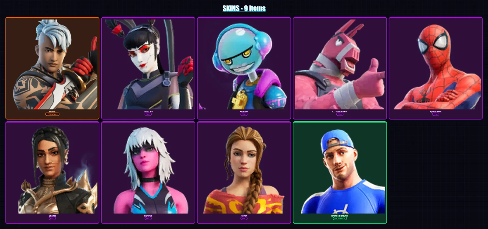 [PC/XBOX/PSN] | Ronin | Tsuki 2.0 | Gumbo | Lt. John Llama | Spider-Man | 9 skin | 9 pickaxe | 7 emote | 9 glider | Lv105