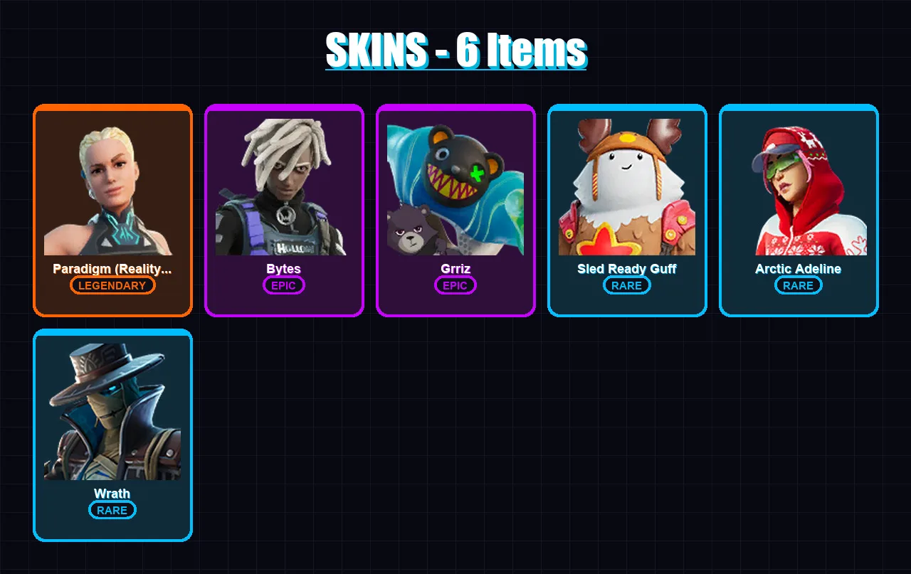 [PC/PSN] | Paradigm (Reality-659) | Bytes | Grriz | Sled Ready Guff | Arctic Adeline | 6 skin | 11 pickaxe | 8 emote | 14 glider | Lv114