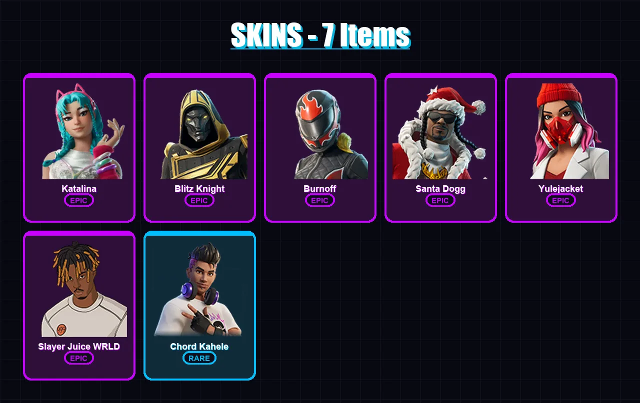 [PC/XBOX/PSN] | Katalina | Blitz Knight | Burnoff | Santa Dogg | Yulejacket | 7 skin | 29 pickaxe | 7 emote | 14 glider | Lv241