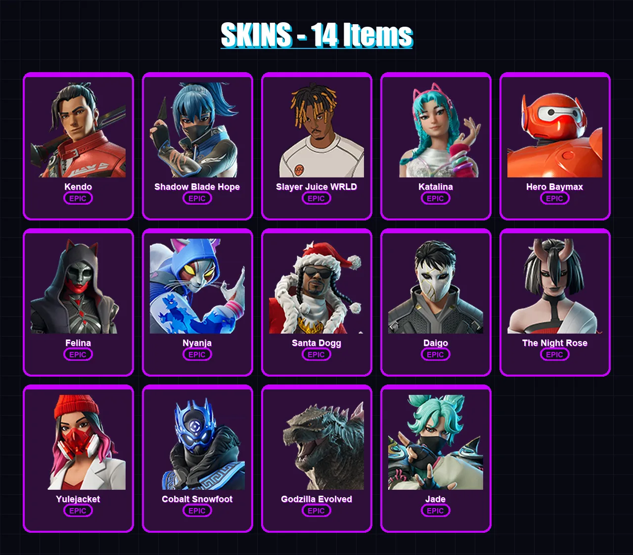 [PS4/PS5/XBOX/PC] | Kendo | Shadow Blade Hope | Slayer Juice WRLD | Katalina | Hero Baymax | 14 skin | 57 pickaxe | 25 emote | 36 glider | Lv489 — Fortnite account