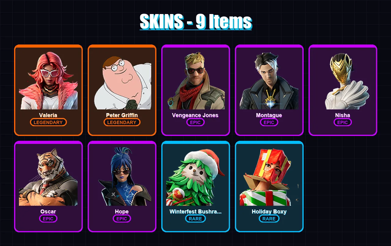 [PC/PSN] | Valeria | Peter Griffin | Vengeance Jones | Montague | Nisha | 9 skin | 22 pickaxe | 13 emote | 18 glider | Lv240