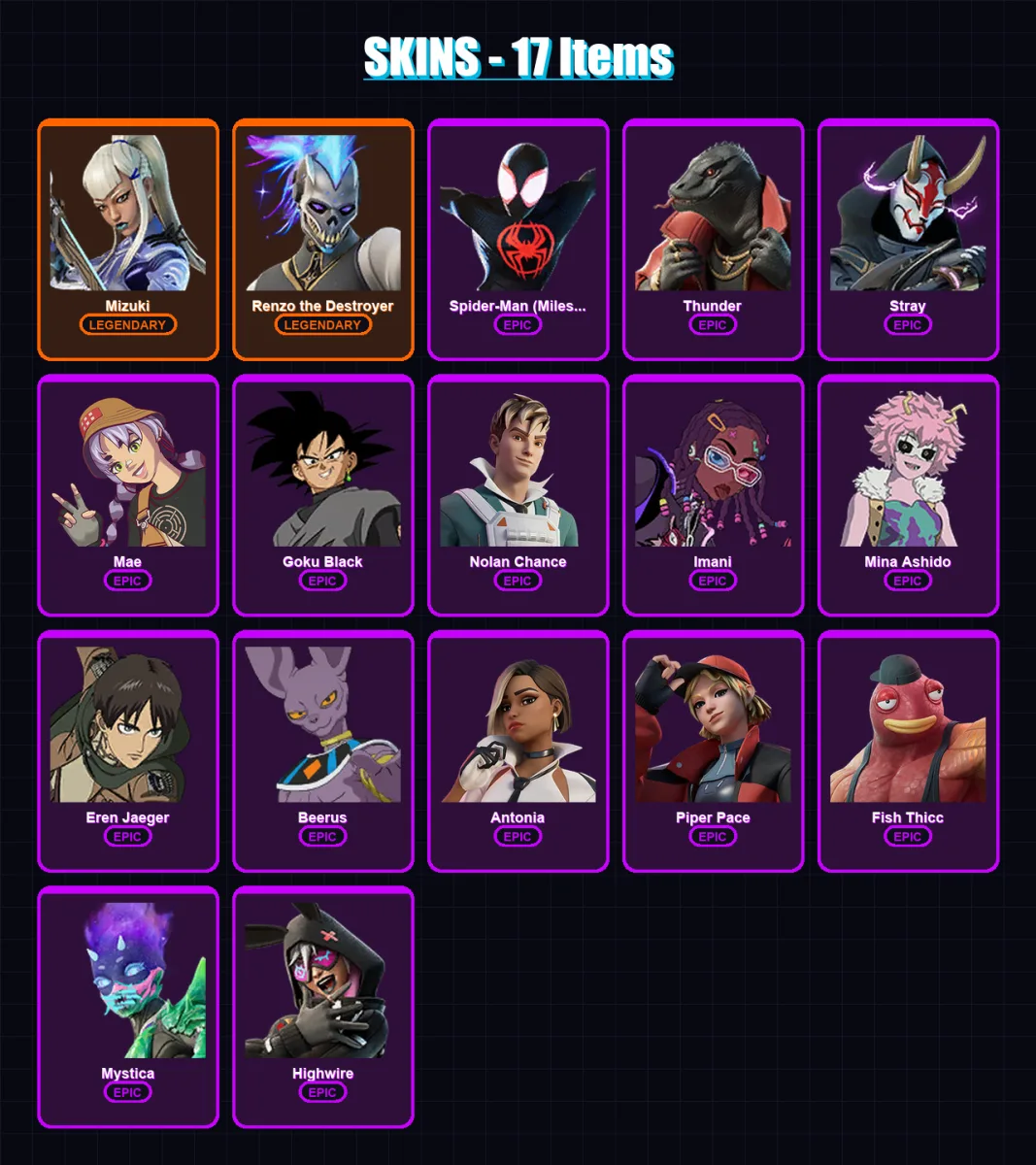 [PC/XBOX/PSN] | Mizuki | Renzo the Destroyer | Spider-Man (Miles Morales) | Thunder | Stray | 17 skin | 21 pickaxe | 22 emote | 17 glider | Lv219 — Fortnite account