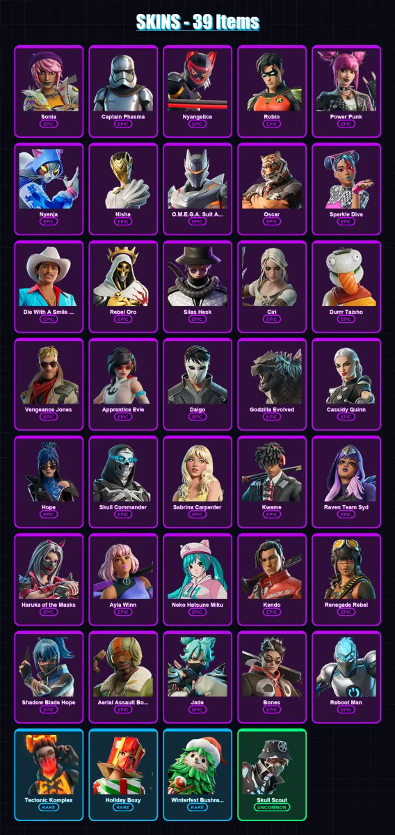 [PC/XBOX/PSN] | Sonia | Captain Phasma | Nyangelica | Robin | Power Punk | 39 skin | 42 pickaxe | 23 emote | 25 glider | Lv310