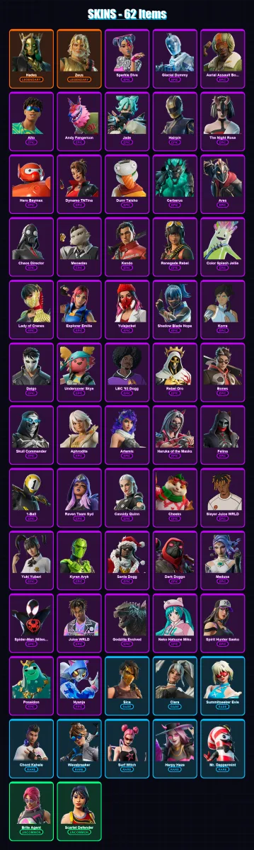 [PC/PSN] | Hades | Zeus | Sparkle Diva | Glacial Dummy | Aerial Assault Bomber | 62 skin | 99 pickaxe | 63 emote | 54 glider | Lv977