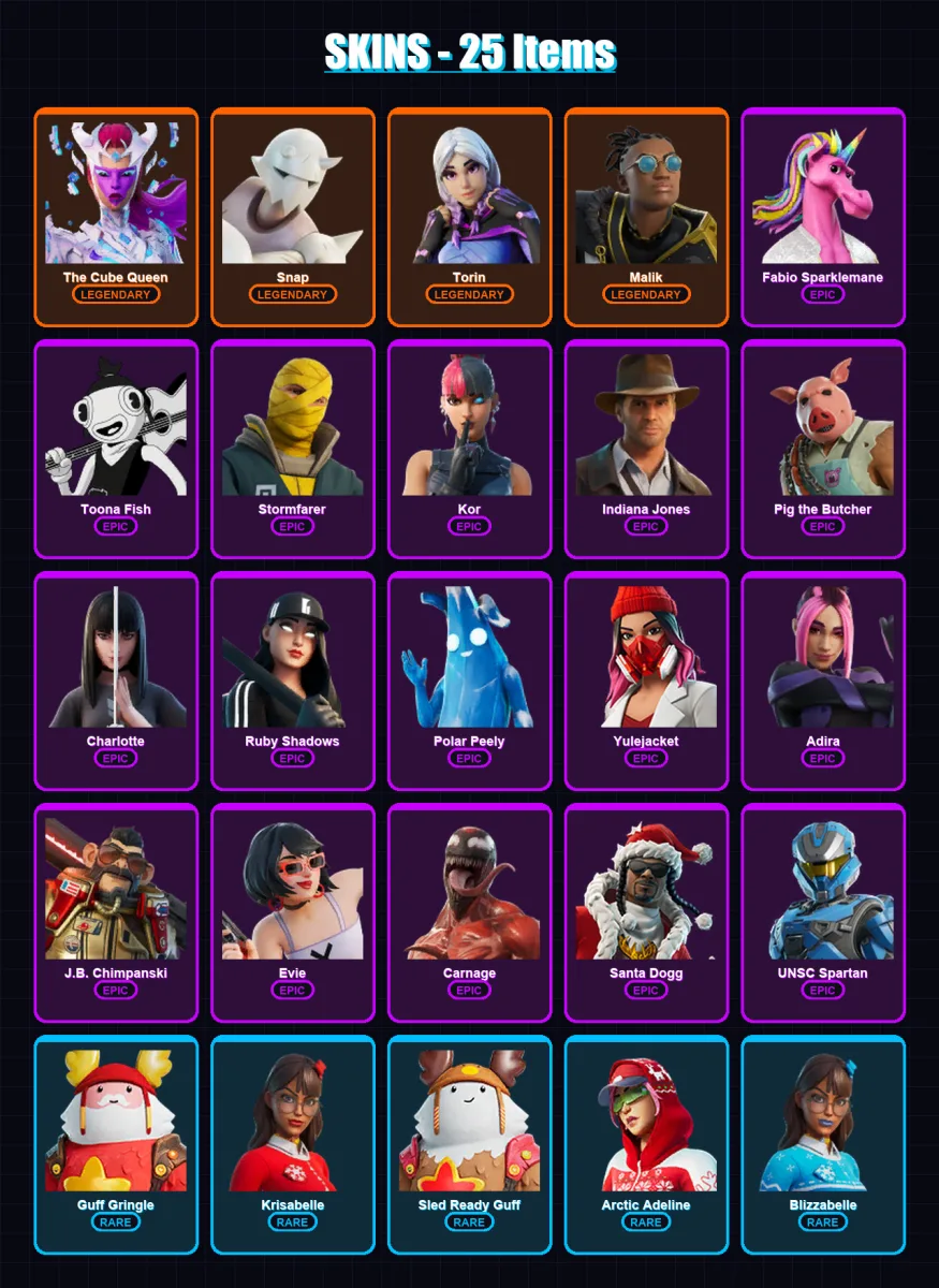 [PC/XBOX/PSN] | The Cube Queen | Snap | Torin | Malik | Fabio Sparklemane | 25 skin | 62 pickaxe | 33 emote | 47 glider | Lv778