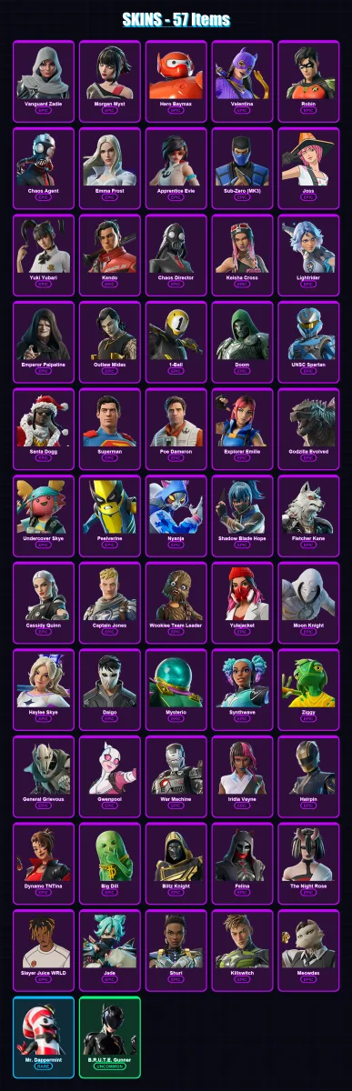 [PC/PSN] | Vanguard Zadie | Morgan Myst | Hero Baymax | Valentina | Robin | 57 skin | 103 pickaxe | 62 emote | 74 glider | Lv1851