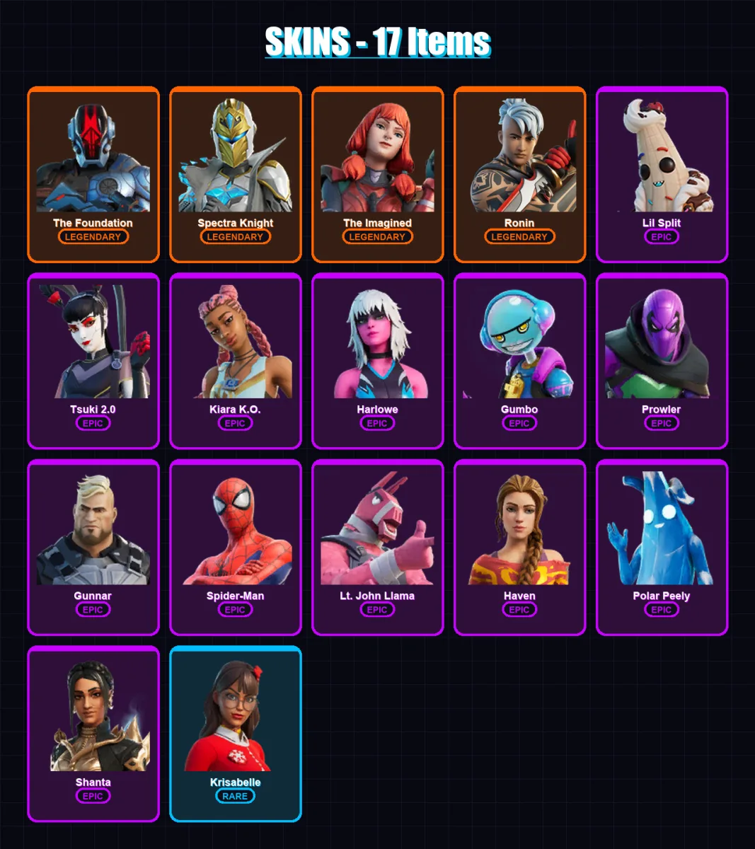 [SWITCH/XBOX/PC] | The Foundation | Spectra Knight | The Imagined | Ronin | Lil Split | 17 skin | 22 pickaxe | 13 emote | 20 glider | Lv225
