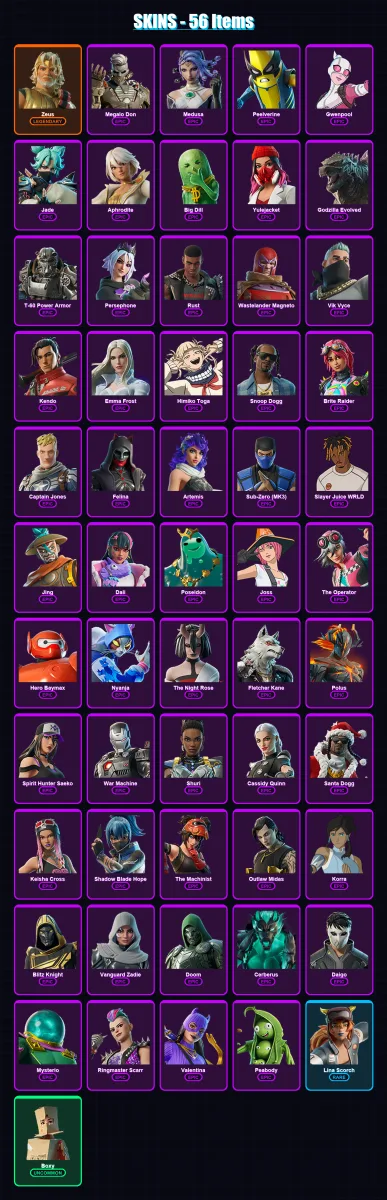 [PS4/PS5/XBOX/PC] | Zeus | Megalo Don | Medusa | Peelverine | Gwenpool | 56 skin | 79 pickaxe | 58 emote | 57 glider | Lv775