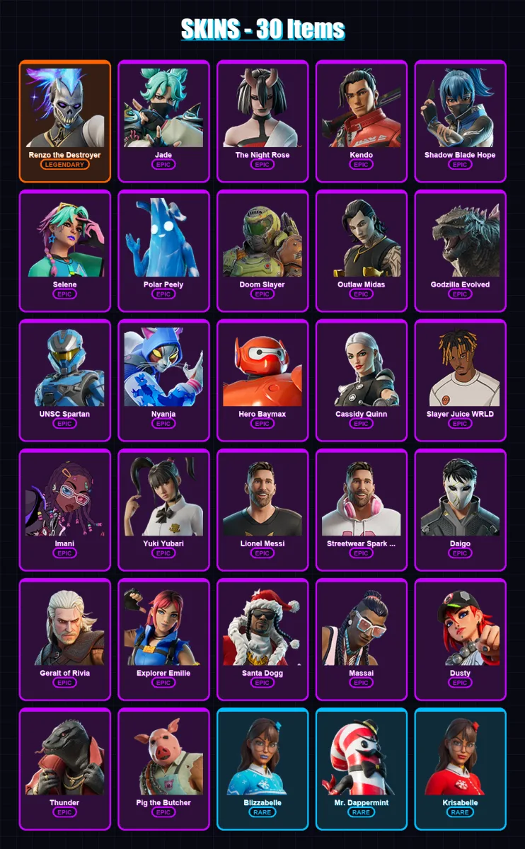 [PC/XBOX/PSN] | Renzo the Destroyer | Jade | The Night Rose | Kendo | Shadow Blade Hope | 30 skin | 86 pickaxe | 44 emote | 67 glider | Lv1027