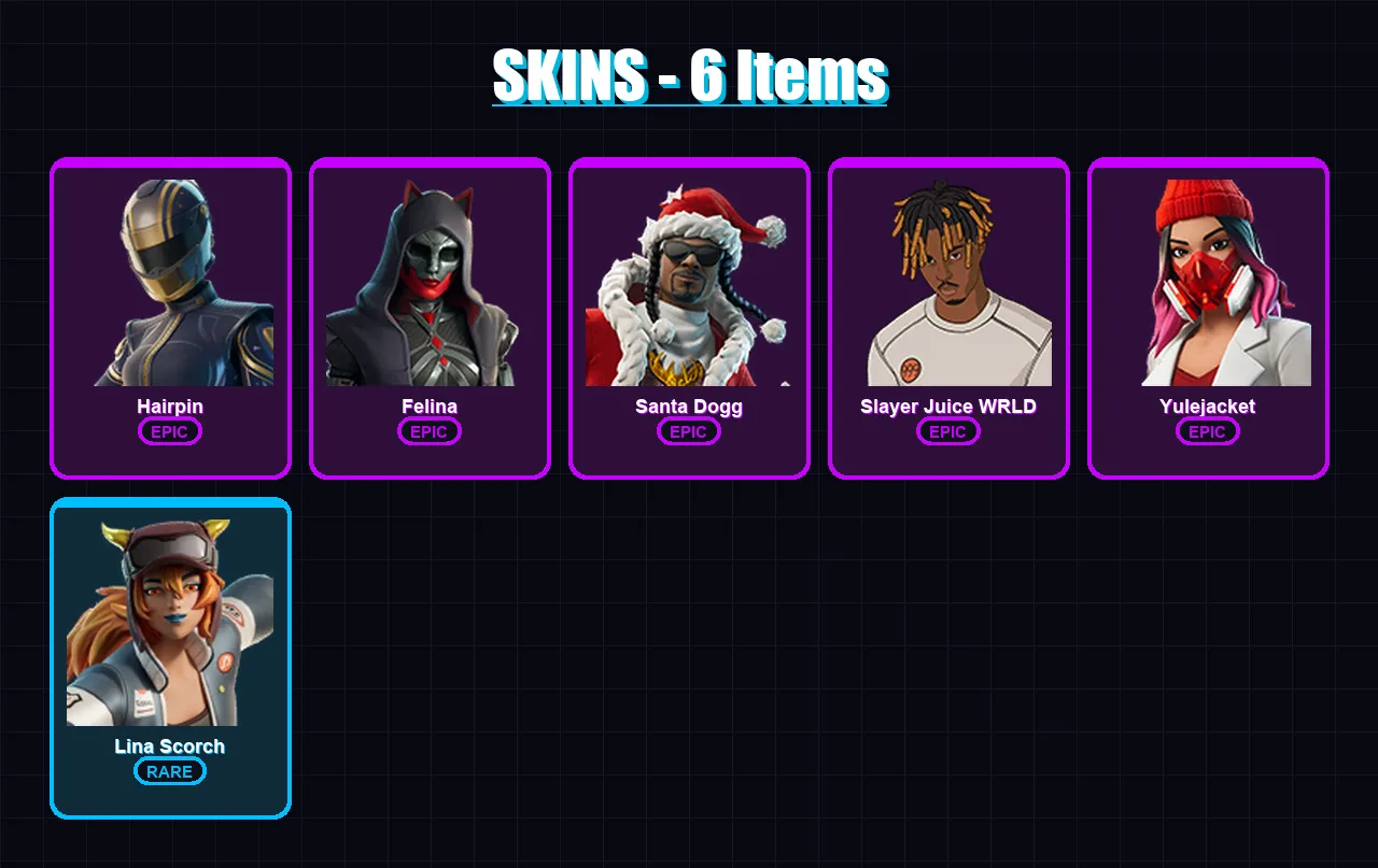 [PS4/PS5/XBOX/PC] | Hairpin | Felina | Santa Dogg | Slayer Juice WRLD | Yulejacket | 6 skin | 22 pickaxe | 15 emote | 14 glider | Lv156