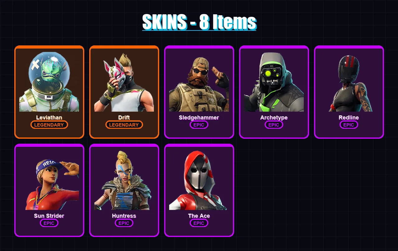 [PC/XBOX/PSN] | Leviathan | Drift | Sledgehammer | Archetype | Redline | 8 skin | 7 pickaxe | 9 emote | 11 glider | Lv71