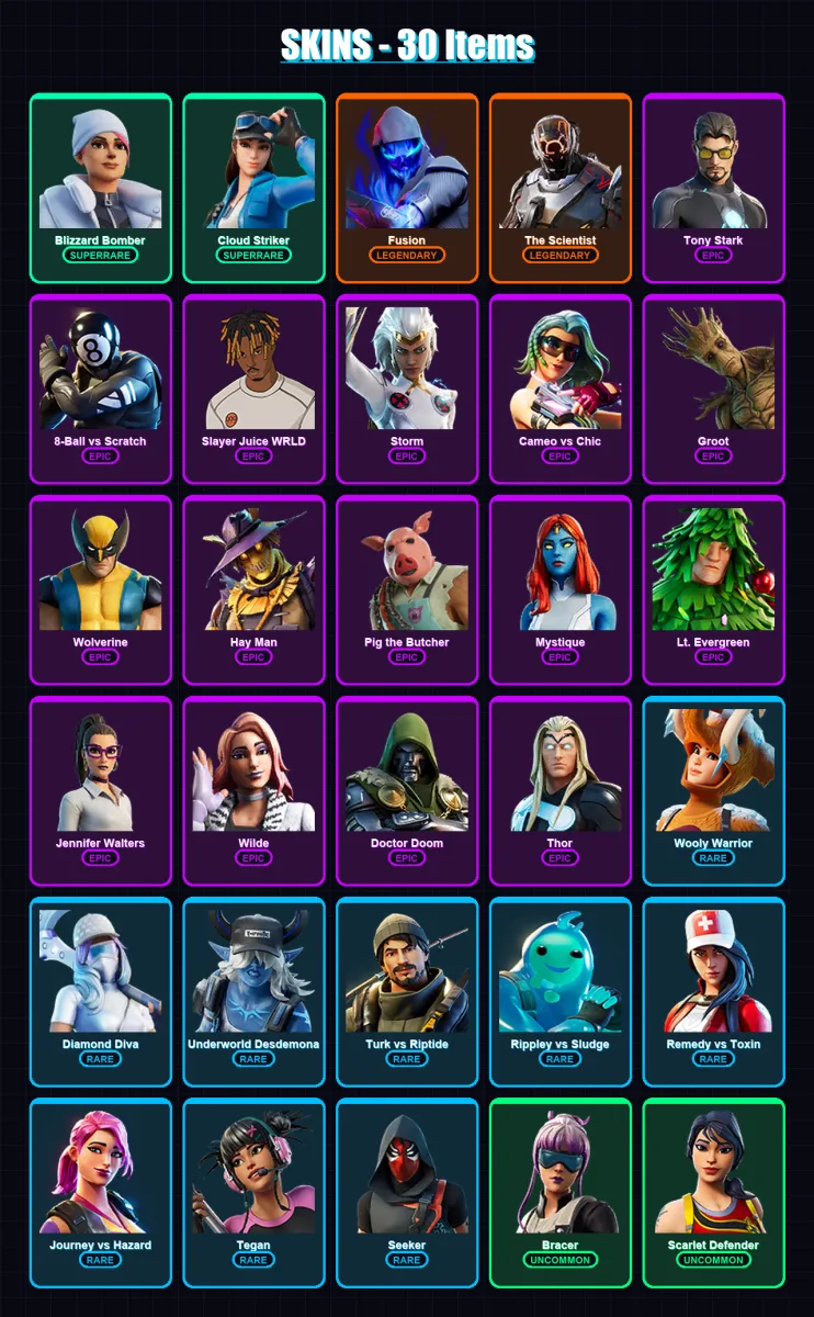 [PC/XBOX] | Blizzard Bomber | Cloud Striker | Fusion | The Scientist | Tony Stark | 30 skin | 90 pickaxe | 74 emote | 89 glider | Lv1813