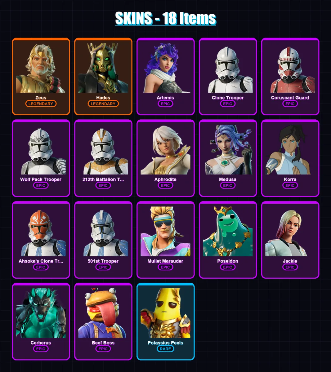 [PC/PSN] | Zeus | Hades | Artemis | Clone Trooper | Coruscant Guard | 18 skin | 25 pickaxe | 27 emote | 24 glider | Lv631