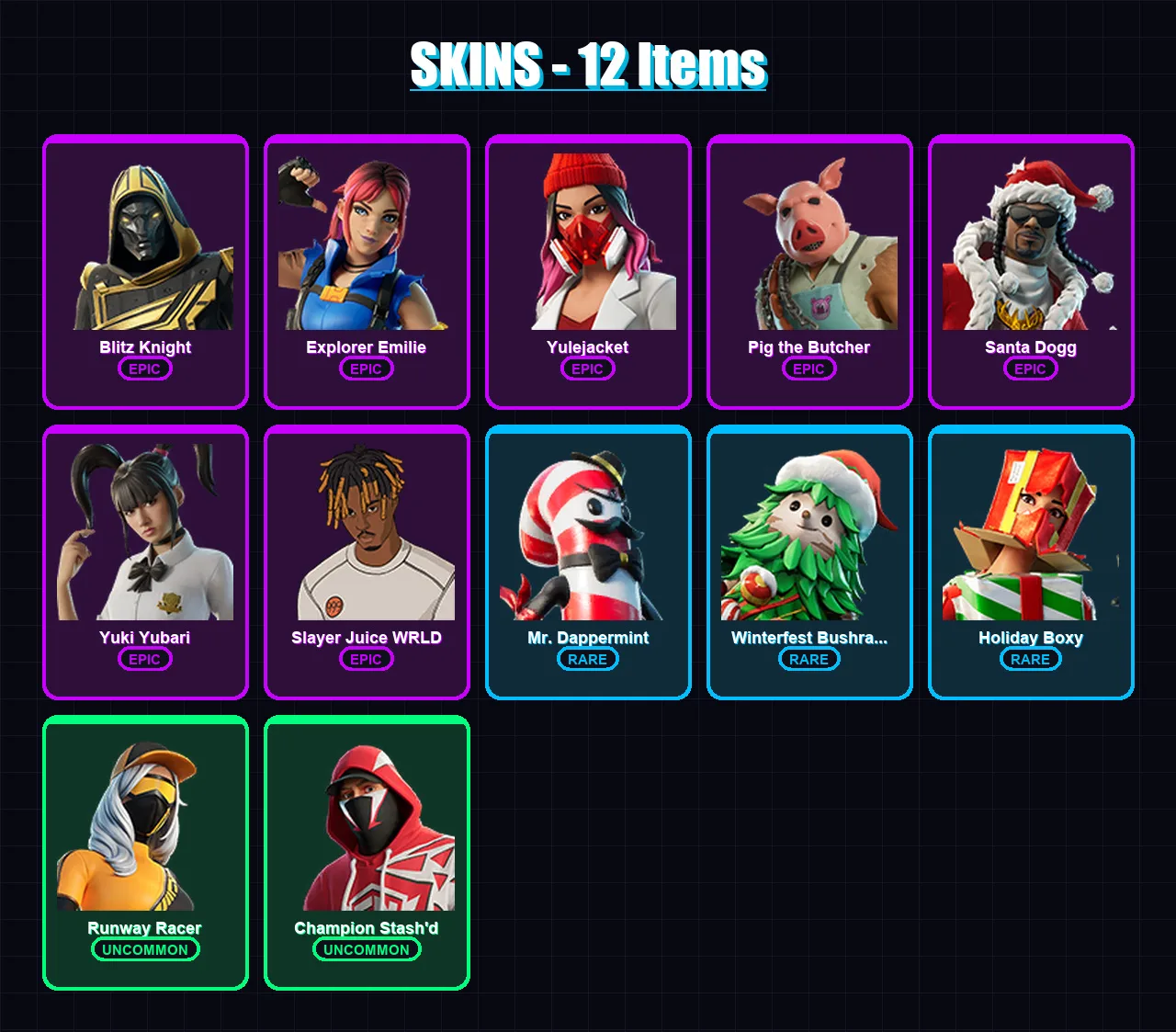 [PC/PSN] | Blitz Knight | Explorer Emilie | Yulejacket | Pig the Butcher | Santa Dogg | 12 skin | 55 pickaxe | 23 emote | 45 glider | Lv622 — Fortnite account