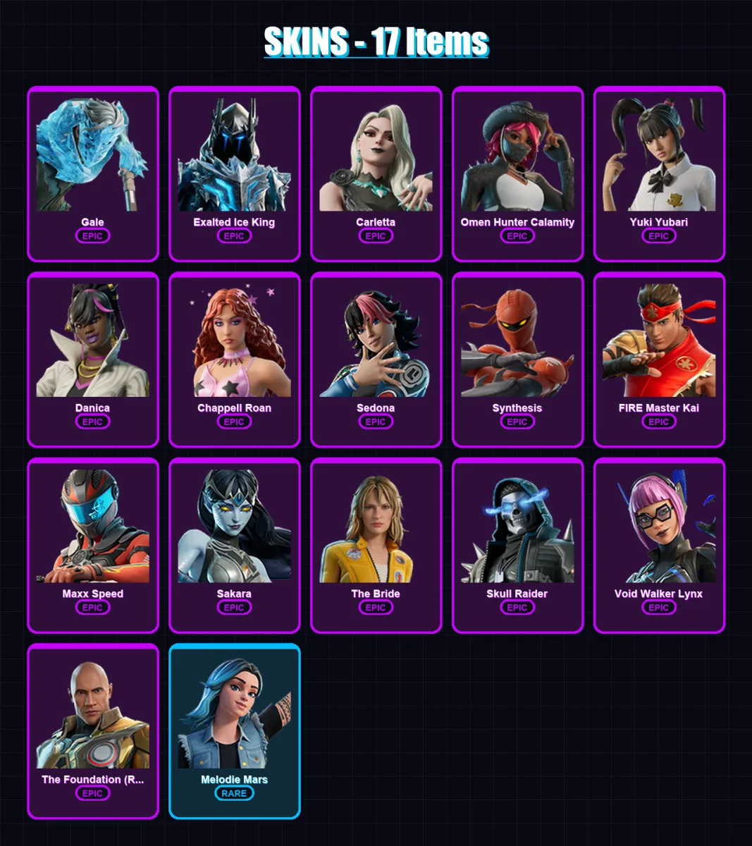 [PC/PSN] | Gale | Exalted Ice King | Carletta | Omen Hunter Calamity | Yuki Yubari | 17 skin | 10 pickaxe | 4 emote | 6 glider | Lv11