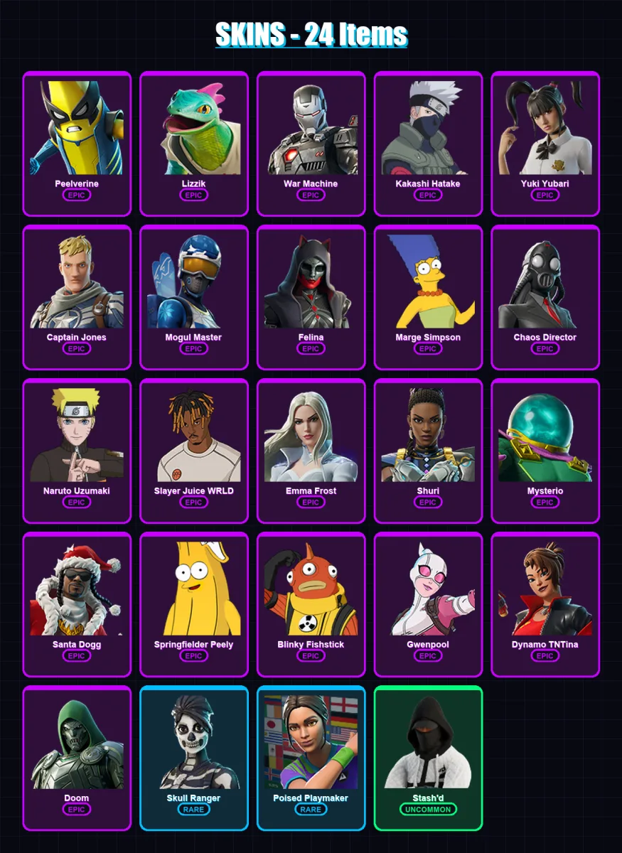 [PC/XBOX/PSN] | Peelverine | Lizzik | War Machine | Kakashi Hatake | Yuki Yubari | 24 skin | 50 pickaxe | 32 emote | 33 glider | Lv393