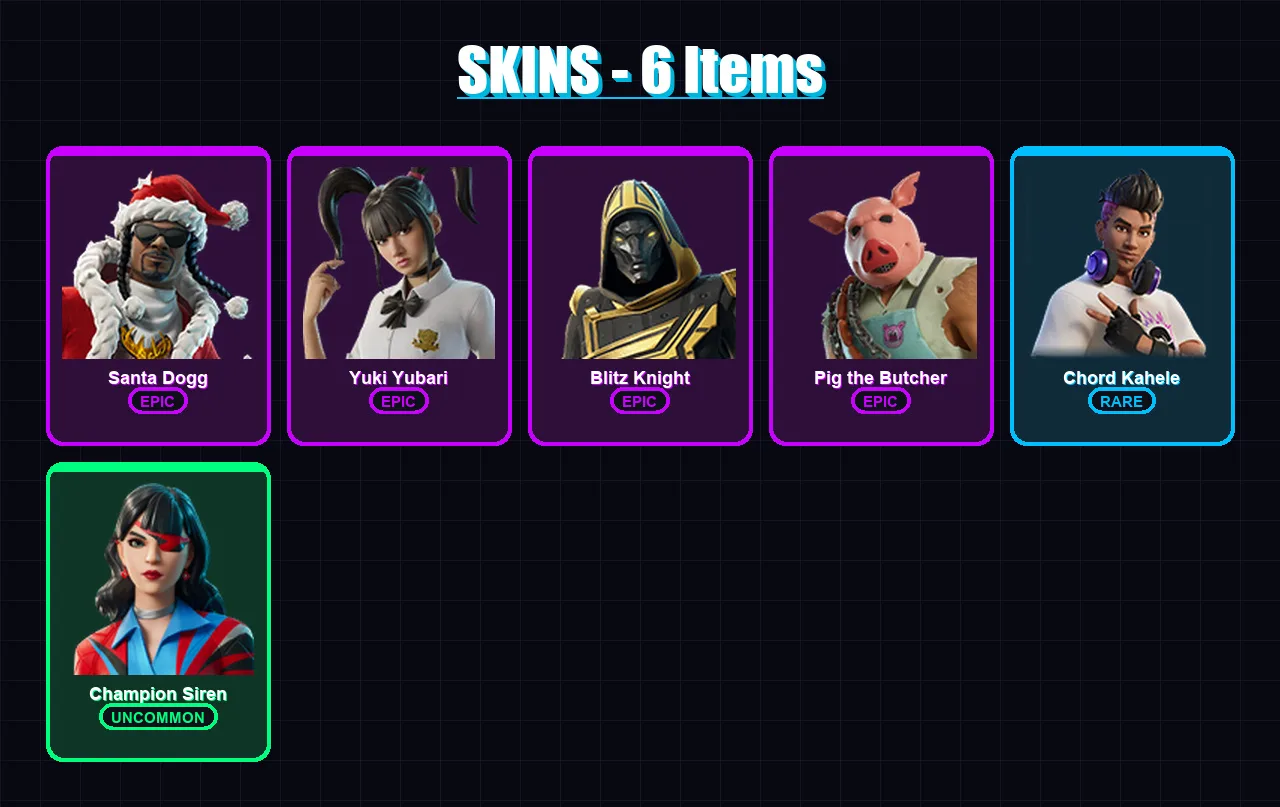 [PC/XBOX/PSN] | Santa Dogg | Yuki Yubari | Blitz Knight | Pig the Butcher | Chord Kahele | 6 skin | 44 pickaxe | 18 emote | 28 glider | Lv359